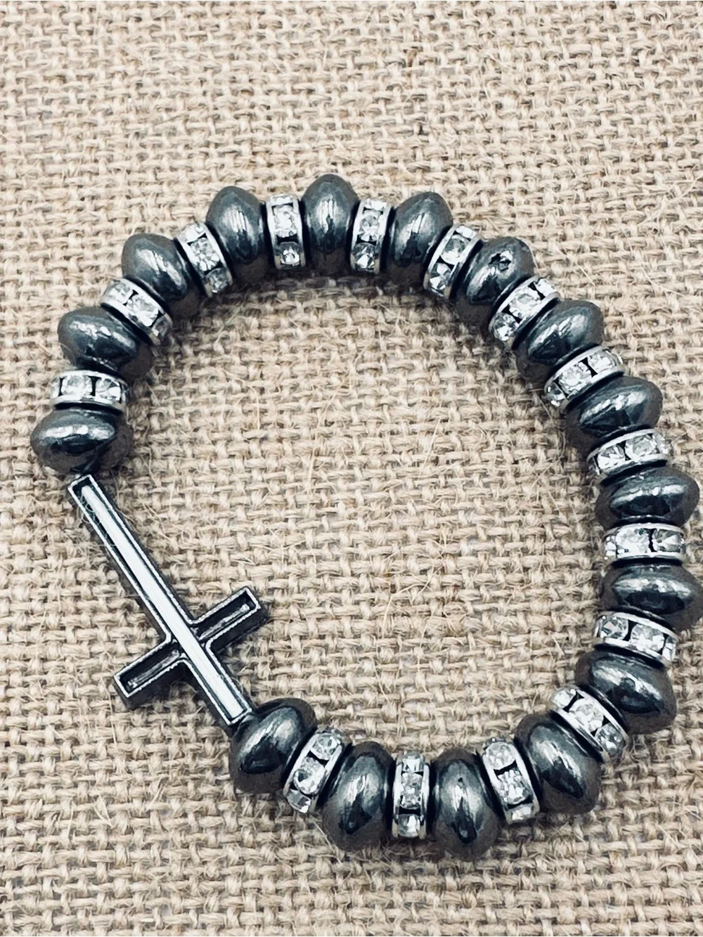 🌼 Gun metal Sideways Christian Cross Beaded Stretch Bracelet